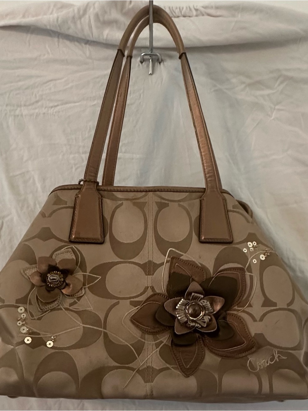 Coach Brown Signature Floral Applique Shoulder Bag